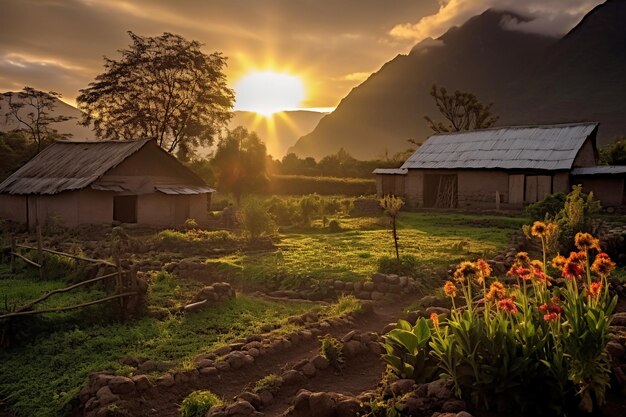 A village with a sunset in the background