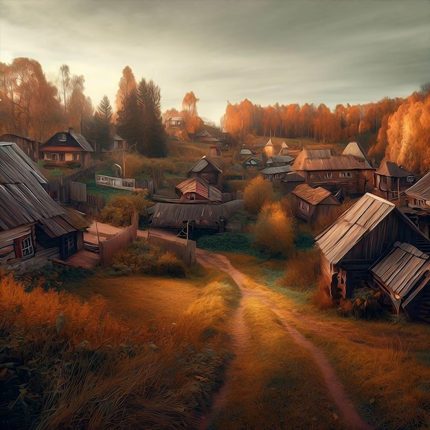 A village in the woods with a few houses In autumn season oil painting style