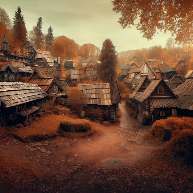 A village in the woods with a few houses In autumn season oil painting style