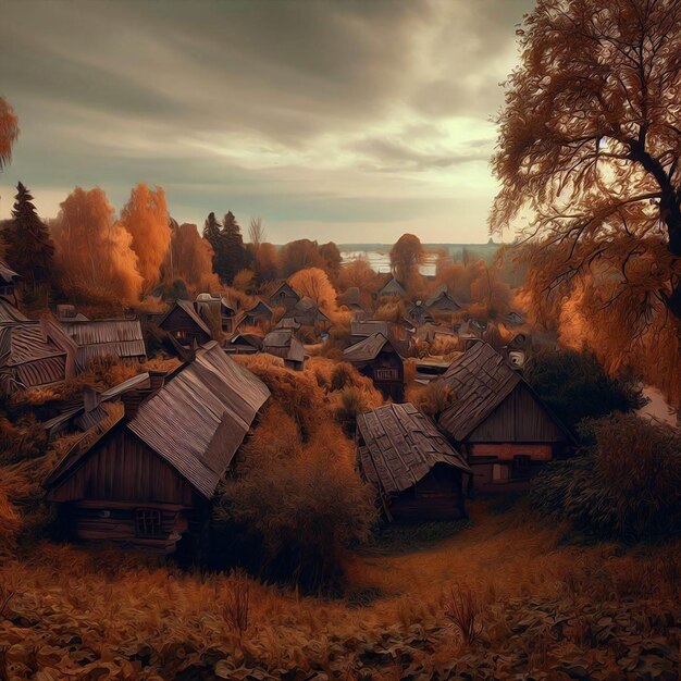 A village in the woods with a few houses In autumn season oil painting style