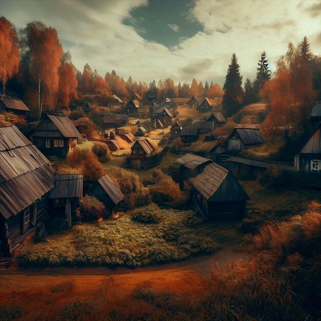 A village in the woods with a few houses In autumn season oil painting style