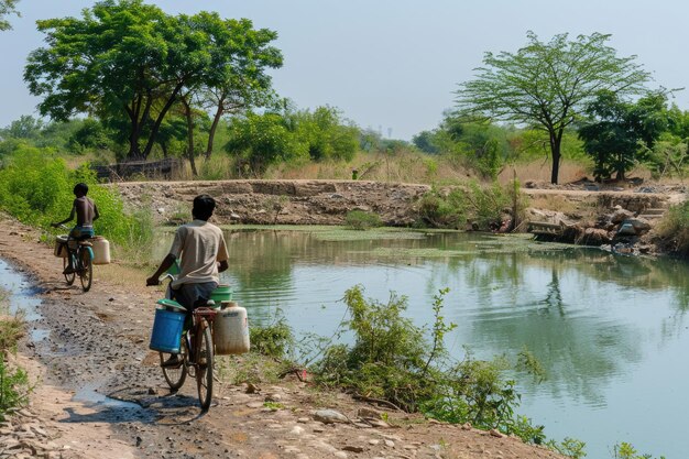 Villagers in India collect water on bicycles during summer