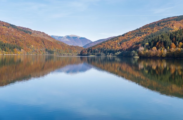 Vilshany water reservoir on the Tereblya river Transcarpathia Ukraine Picturesque lake with clouds reflection Beautiful autumn day in Carpathian Mountains