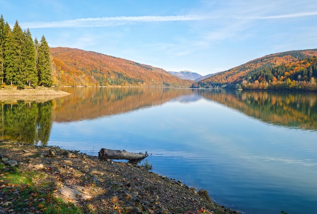 Vilshany water reservoir on the Tereblya river Transcarpathia Ukraine Picturesque lake with clouds reflection Beautiful autumn day in Carpathian Mountains