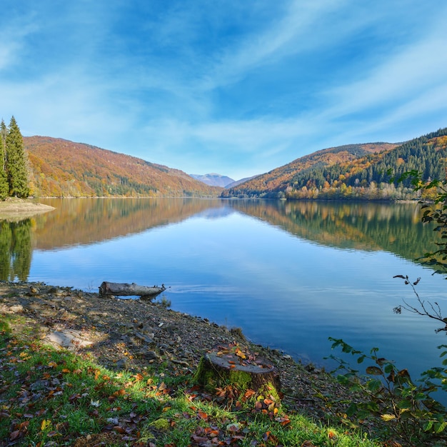 Vilshany water reservoir on the Tereblya river Transcarpathia Ukraine Picturesque lake with clouds reflection Beautiful autumn day in Carpathian Mountains