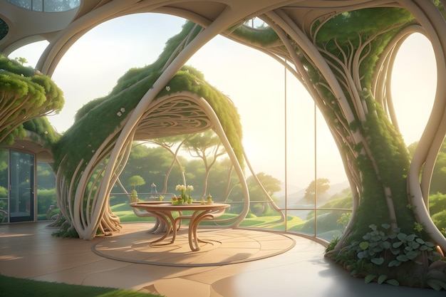 빈센트 칼레바우트 (Vincent Callebaut) 의 하이퍼 리얼리즘 숲 정원 객실 시네마틱 8K 아름다움이 Ai에 의해 생성되었습니다.