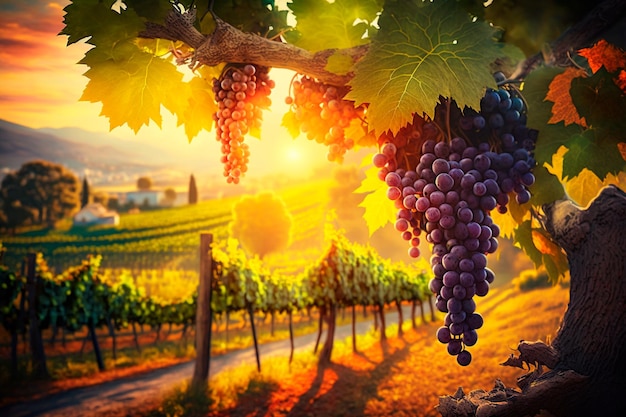 Vine grown ripe wine grapes in Tuscany Italy Beautiful winery and vineyard Sunlight at sunset Generative AI