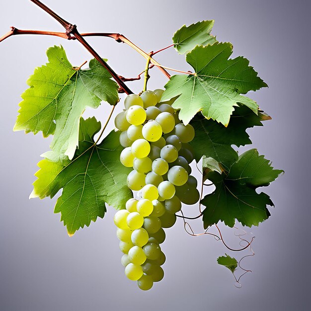 Vine leaves and red black white grapes on a branch