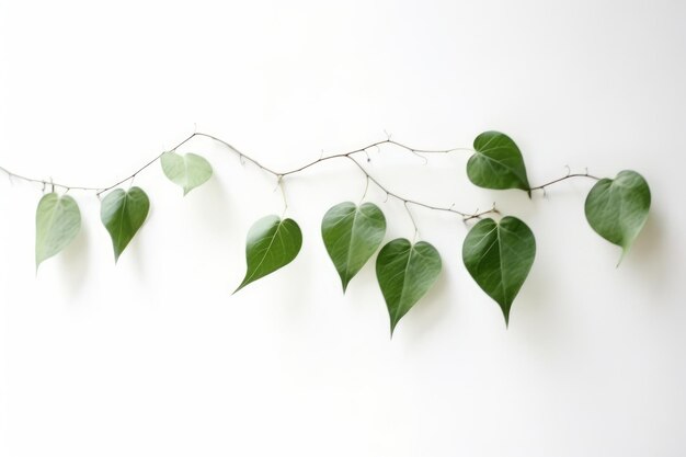 A vine with green leaves is hanging on a white wall.