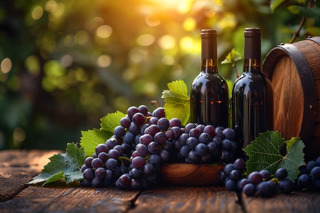 Vines with clusters of black grapes and wine bottles on theme of winemaking and viticulture