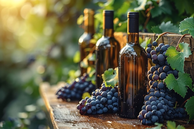 Vines with clusters of black grapes and wine bottles on the theme of winemaking and viticulture