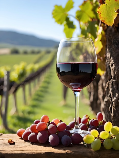 A vineyard in the background with sprigs of grapes beautiful wine glass filled with raisins