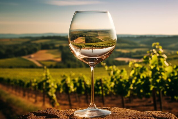 Vineyard Bliss Wineglass in Front of a Grape Field at Sunset