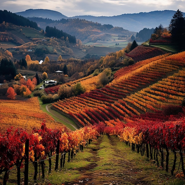 언덕 의 아름다움 을 떠올리게 하는 가을 의 색채 로 장식 된 포도원
