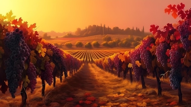 Vineyard in fall harvest with ripe grapes at sunset generative ai