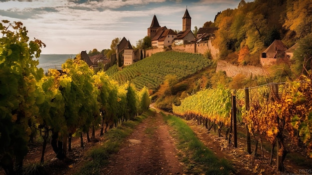 A vineyard in the fall with a castle in the background