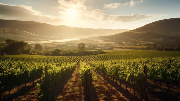 A vineyard field with sun shining over it ai