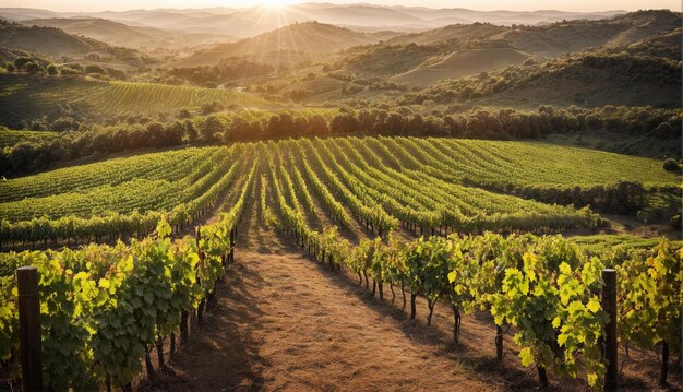 Vineyard landscape at sunset Green fields with rows of vines Generative AI