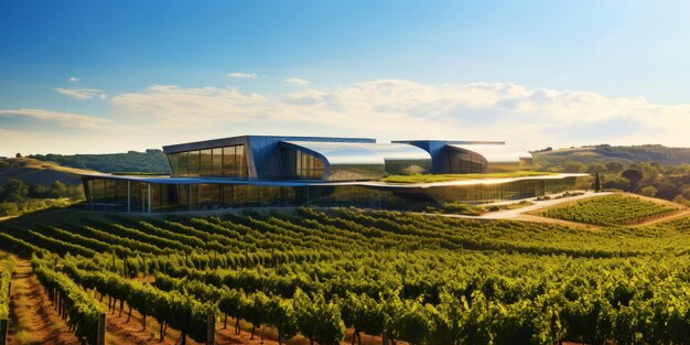 Vineyard landscape with a modern winery building on a hill rows of grapes generative ai