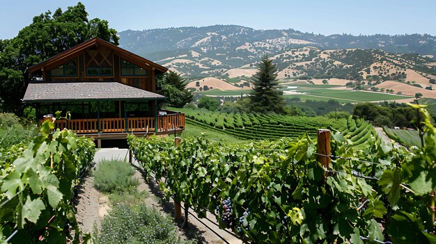 Vineyard landscape with a view of a beautiful valley A wooden house is surrounded by lush vineyards The image is full of colors and textures