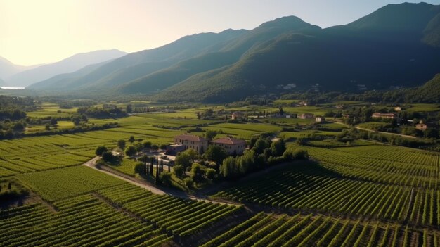 Vineyard plantation Growing grapes in Italy France Spain Sunny day grape bushes mountains