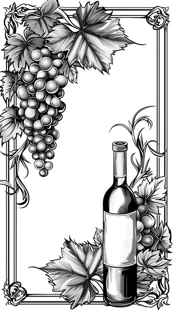 Photo vineyard postcard design with a grapevine frame style adorne outline scribble cnc tattoo ink art