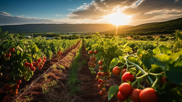 A vineyard scene with rows of tomato plants stretching into the distance their red fruits contrasti