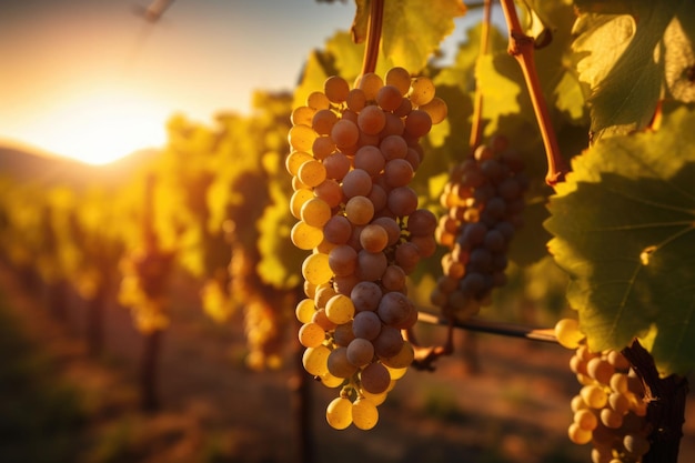 Виноградник на закате Ряды виноградных лоз в ожидании урожая Генеративная иллюстрация AI