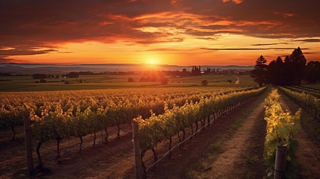 Vineyard at sunset with warm sun setting