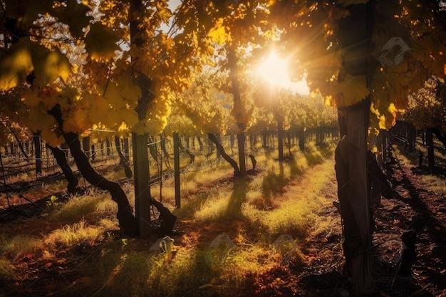 Vineyard surrounded by golden sun rays shining through the autumn leaves created with generative ai