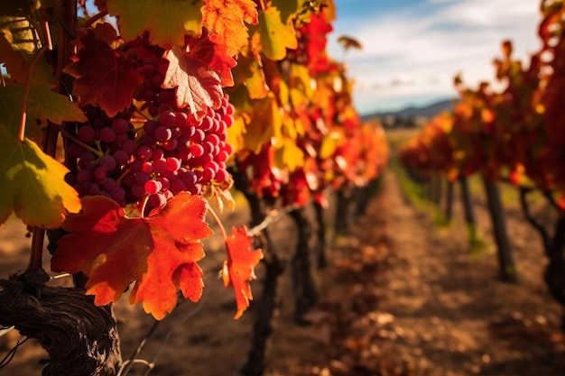 a vineyard with a bunch of grapes on the vine