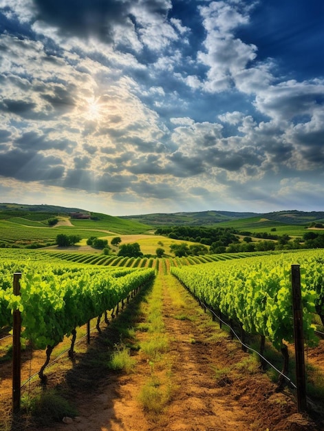 a vineyard with a cloudy sky