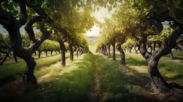 A vineyard with a green field and trees in the background