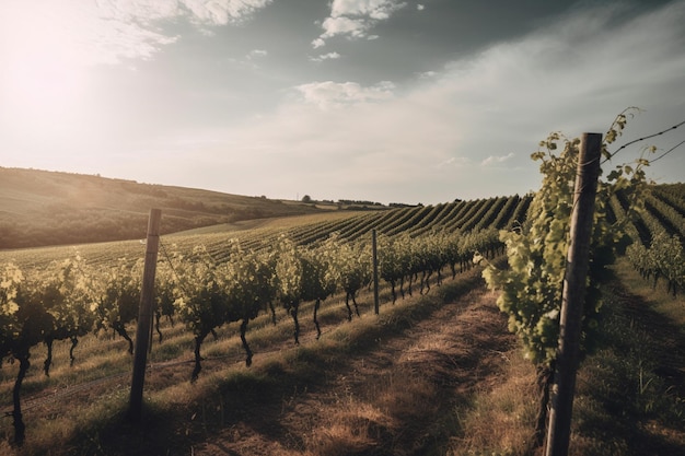 A vineyard with green vines and a cloudy sky