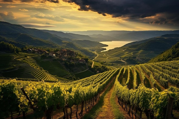 A vineyard with a lake in the background