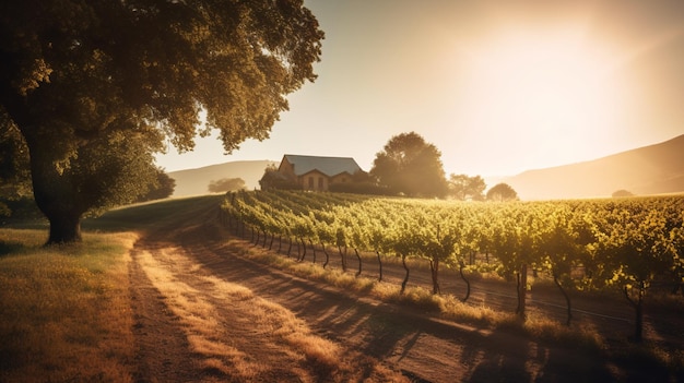 A vineyard with a mountain in the background