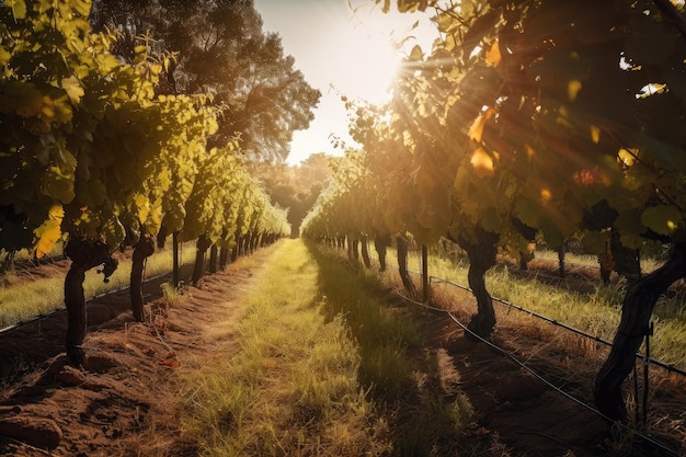 Виноградник с рядами лоз и солнцем, сияющим сквозь листья, созданный с помощью генеративного ИИ