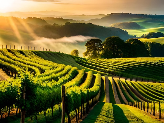 A vineyard with the sun shining through the clouds