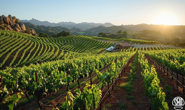 a vineyard with a sunset in the background