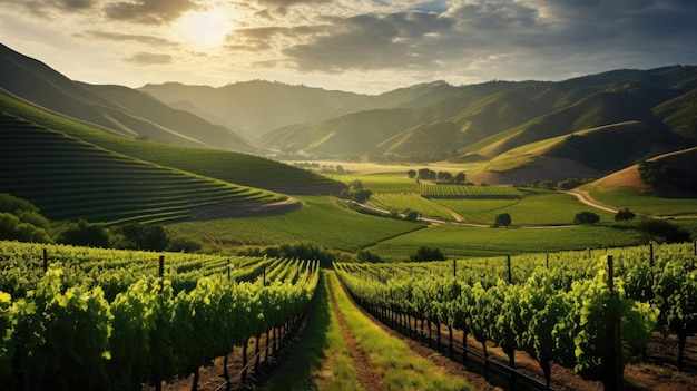 a vineyard with a sunset in the background