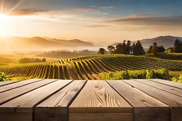 A vineyard with a sunset in the background