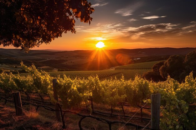 Vineyard with sunset view the sun setting behind the vines created with generative ai