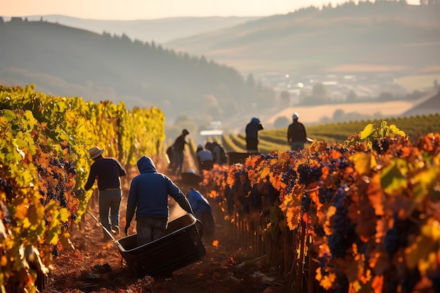 Vineyard with workers harvesting grapes in the fall