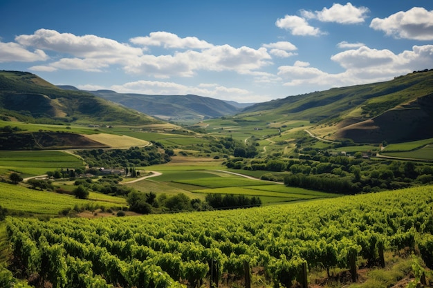 Vineyards in perfect order under blue sky generative IA