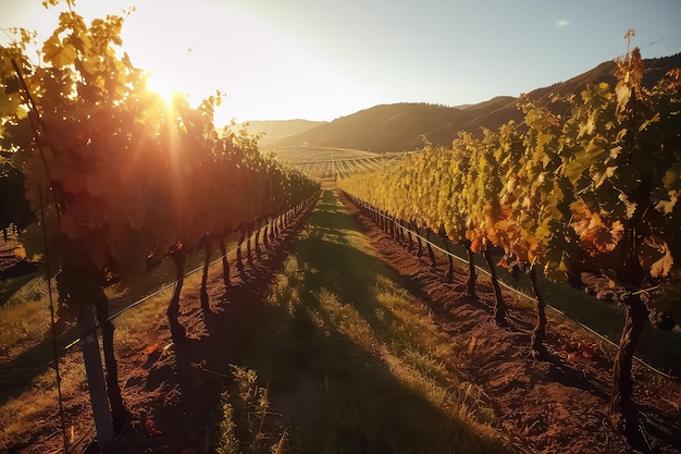 Vineyards at sunset in autumn harvest AI