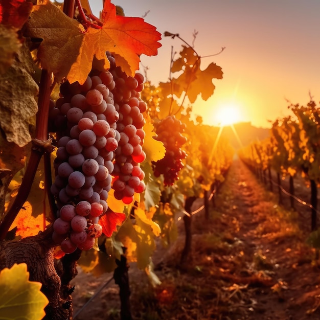 Vineyards at sunset in autumn harvest Ripe grapes in fall Generative ai