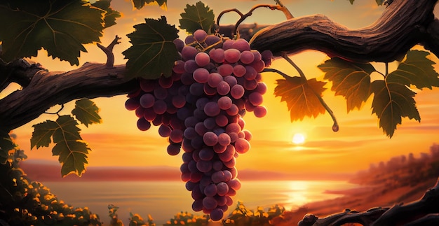 Vineyards at sunset ripe autumn grapes AI generated image