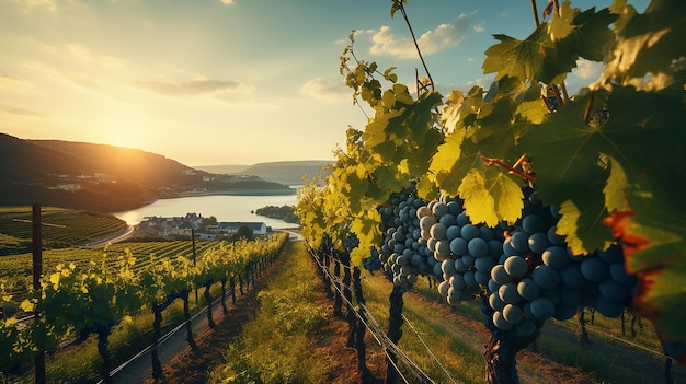 夕日のヨーロッパのワインロード沿いのブドウ畑とワイナリー