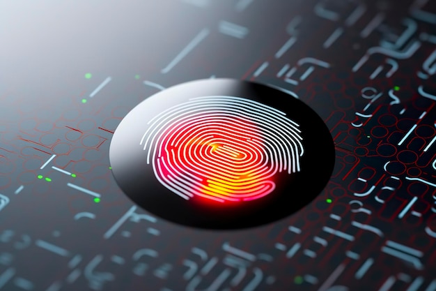 Vingerafdrukverificatieknop Biometrische beveiligingsidentificatie en cyberbeveiligingsconcept Gloeiende neonvingerafdruk op donkere achtergrond AI Generative