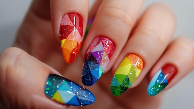 Vingernagels geschilderd in een regenboog van kleuren met geometrische patronen en glitter accenten het creëren van een